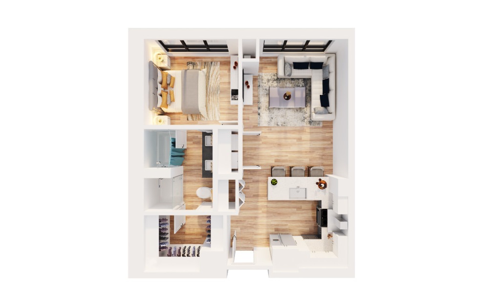 PH-B2 - 1 bedroom floorplan layout with 1 bath and 805 square feet. (3D)