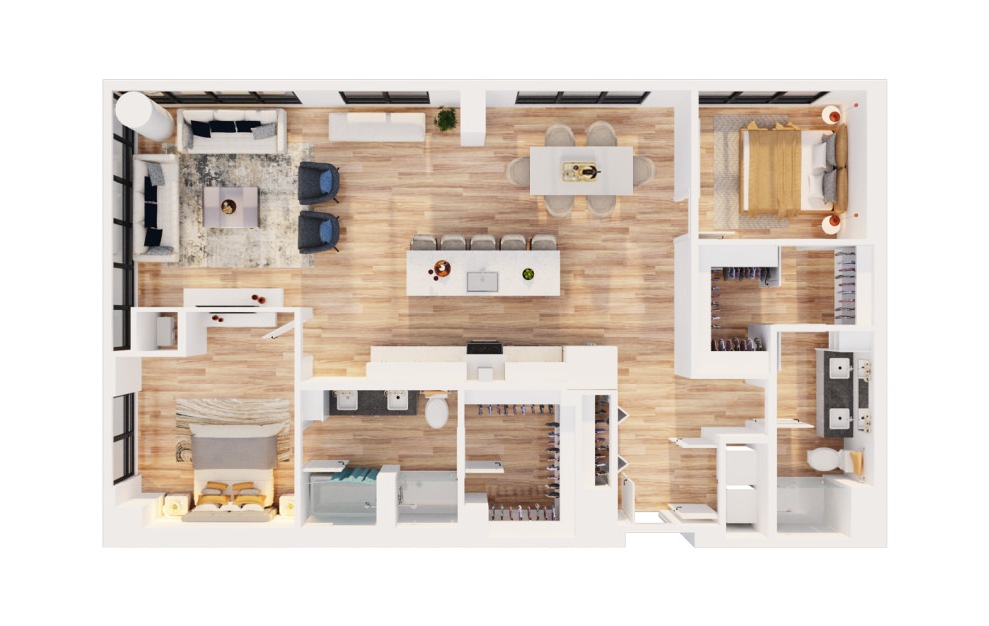 PH-C8 - 2 bedroom floorplan layout with 2 baths and 1592 square feet. (3D)