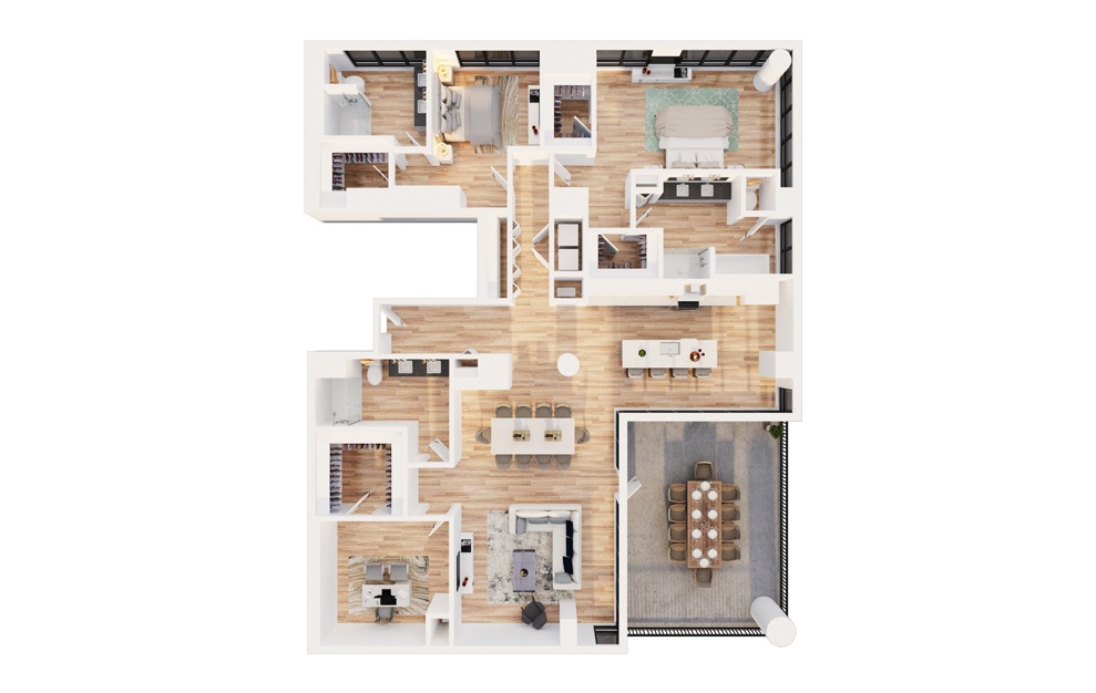 PH-D1 - 3 bedroom floorplan layout with 3 baths and 2590 square feet. (3D)