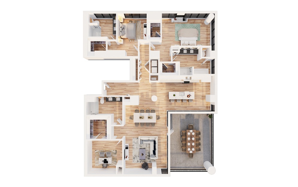 PH-D1 - 3 bedroom floorplan layout with 3 bathrooms and 2590 square feet (3D)